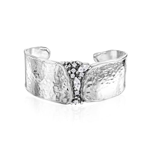 925 Sterling Silver Cuff Bracelet With 2.60 TCW White Facet Cubic Zirconia, Statement Jewelry, Hypoallergenic, Nickel and Lead-free, Artisan Handcrafted Designer collection, Made In Israel