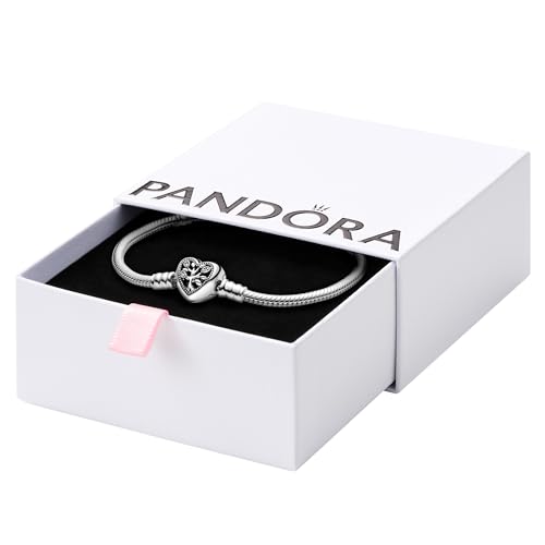 Pandora Moments Family Tree Heart Clasp Snake Chain Bracelet - Compatible Moments Charms - Sterling Silver, CZ & Black Enamel Charm Bracelet - 7.1" - With Gift Box