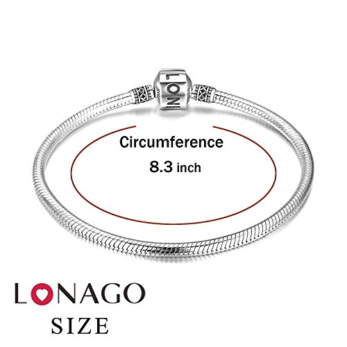 LONAGO Genuine Charm Bracelet 925 Sterling Silver Snake Chain Bangle Barrel Clasp Jewelry Fit Snake Charm Birthday Gift for Women (8.3 inches/21 cm)