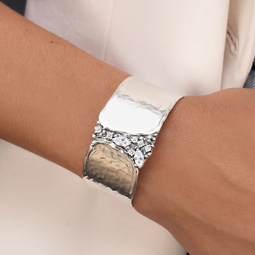 925 Sterling Silver Cuff Bracelet With 2.60 TCW White Facet Cubic Zirconia, Statement Jewelry, Hypoallergenic, Nickel and Lead-free, Artisan Handcrafted Designer collection, Made In Israel