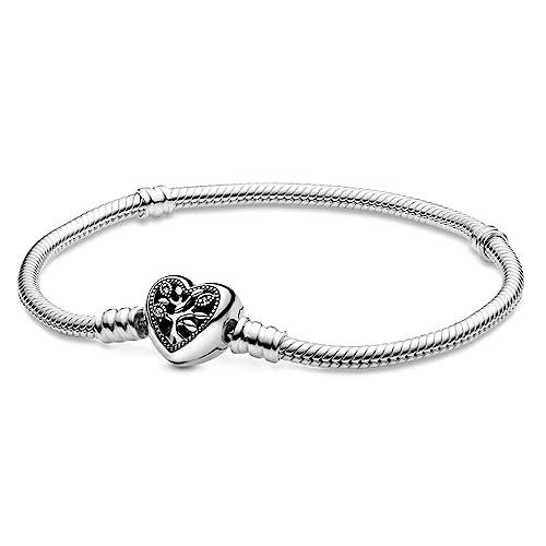Pandora Moments Family Tree Heart Clasp Snake Chain Bracelet - Compatible Moments Charms - Sterling Silver, CZ & Black Enamel Charm Bracelet - 7.1" - With Gift Box