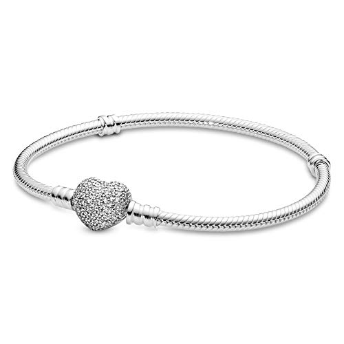 Pandora Moments Sparkling Heart Clasp Snake Chain Bracelet - Compatible Moments Charms - Sterling Silver Charm Bracelet for Women - 7.9" - With Gift Box