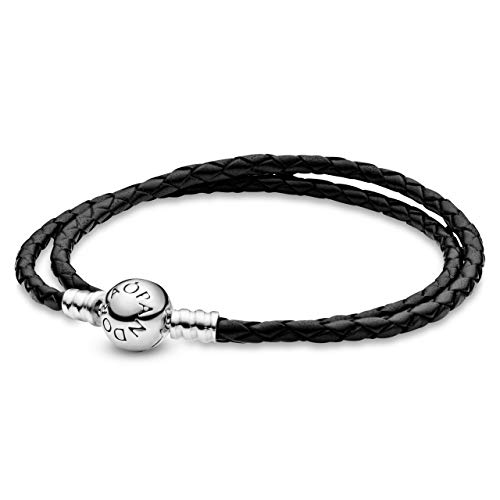 Pandora Moments Double Woven Leather Bracelet with Sterling Silver Clasp - Compatible Moments Charms - Charm Bracelet for Women - Gift for Her - Black, 15.0", With Gift Box