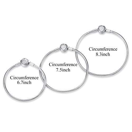 Charm Bracelet Fit Charms 925 Sterling Silver Basic Snake Chain Bracelet for Women Girls, Signature Bracelet with Sparkling Round Clasp Charm Clear CZ FQ00016 (7.5in/19cm (Updated Version))