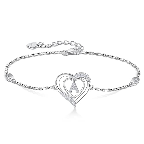RIVIKO Heart Initial Bracelets for Women, 925 Sterling Silver Dainty Letter Bracelets , Personalized Initial Charm Alphabet Jewelry Valentines Christmas Anniversary Mother’s Day Birthday Graduation