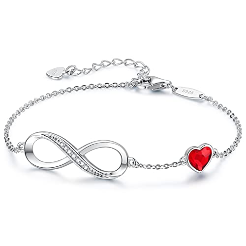 CDE Infinity Heart Symbol Charm Link Bracelet for Women 925 Sterling Silver Stainless Steel Adjustable Mother's Day Gift Anniversary Jewelry Birthday Gifts for Women Wife Girlfriend Her (Sliver-Red, Sterling Silver)