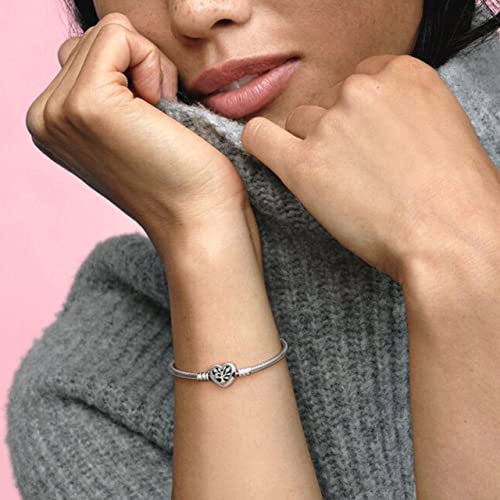 Pandora Moments Family Tree Heart Clasp Snake Chain Bracelet - Compatible Moments Charms - Sterling Silver, CZ & Black Enamel Charm Bracelet - 7.1" - With Gift Box
