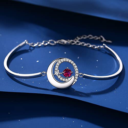 FANCIME Ruby July Birthstone Bracelets for Women Sterling Silver Moon and Star Bangle Red Gemstone Charm Bracelet Fine Jewelry Birthday Christmas Gifts for Her, 6.7"+1.2" Extend