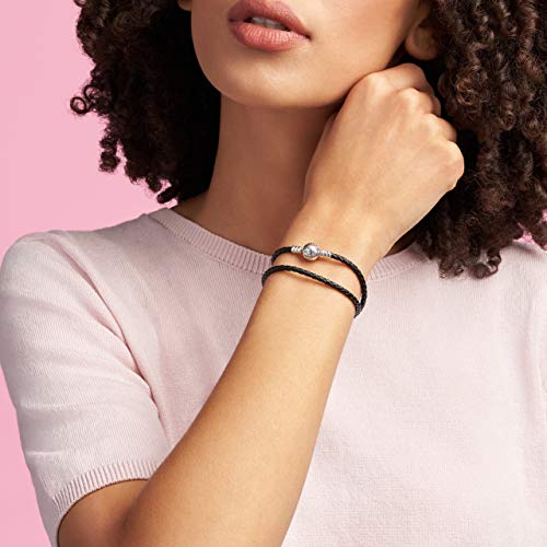 Pandora Moments Double Woven Leather Bracelet with Sterling Silver Clasp - Compatible Moments Charms - Charm Bracelet for Women - Gift for Her - Black, 15.0", With Gift Box