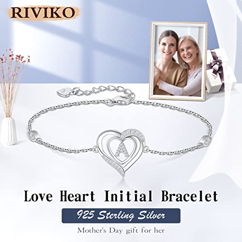 RIVIKO Heart Initial Bracelets for Women, 925 Sterling Silver Dainty Letter Bracelets , Personalized Initial Charm Alphabet Jewelry Valentines Christmas Anniversary Mother’s Day Birthday Graduation