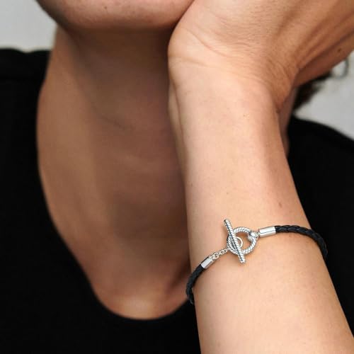 Pandora Moments Braided Leather Bracelet with Sterling Silver T-Bar Closure - Compatible Moments Charms - Charm Bracelet for Women - Gift for Her - Black, 20.5 cm