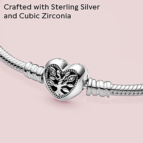 Pandora Moments Family Tree Heart Clasp Snake Chain Bracelet - Compatible Moments Charms - Sterling Silver, CZ & Black Enamel Charm Bracelet - 7.1" - With Gift Box