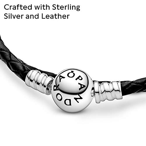 Pandora Moments Double Woven Leather Bracelet with Sterling Silver Clasp - Compatible Moments Charms - Charm Bracelet for Women - Gift for Her - Black, 15.0", With Gift Box