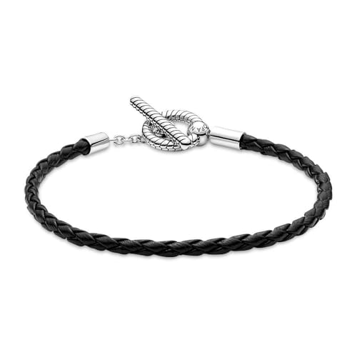 Pandora Moments Braided Leather Bracelet with Sterling Silver T-Bar Closure - Compatible Moments Charms - Charm Bracelet for Women - Gift for Her - Black, 20.5 cm