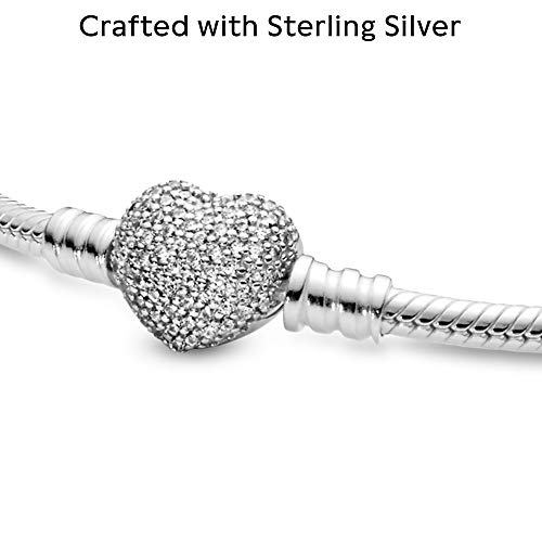 Pandora Moments Sparkling Heart Clasp Snake Chain Bracelet - Compatible Moments Charms - Sterling Silver Charm Bracelet for Women - 7.9" - With Gift Box