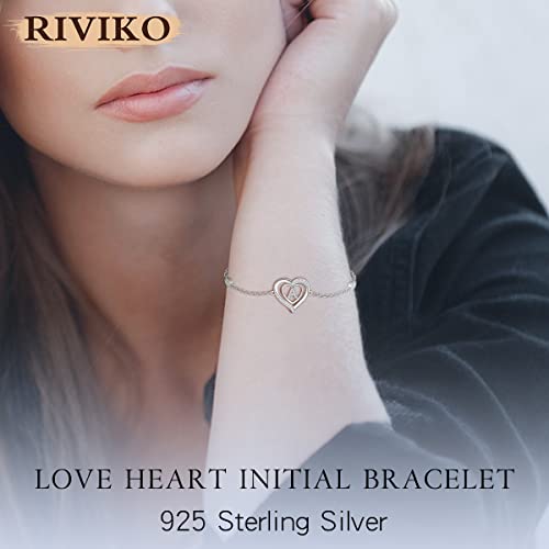 RIVIKO Heart Initial Bracelets for Women, 925 Sterling Silver Dainty Letter Bracelets , Personalized Initial Charm Alphabet Jewelry Valentines Christmas Anniversary Mother’s Day Birthday Graduation