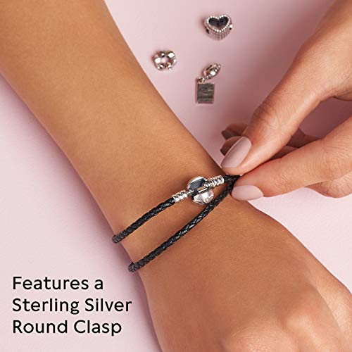 Pandora Moments Double Woven Leather Bracelet with Sterling Silver Clasp - Compatible Moments Charms - Charm Bracelet for Women - Gift for Her - Black, 15.0", With Gift Box