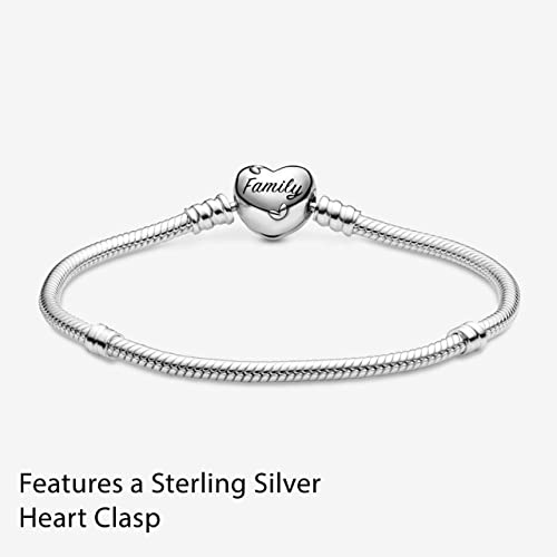 Pandora Moments Family Tree Heart Clasp Snake Chain Bracelet - Compatible Moments Charms - Sterling Silver, CZ & Black Enamel Charm Bracelet - 7.1" - With Gift Box
