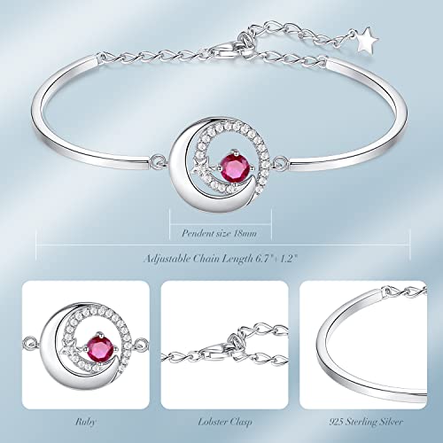 FANCIME Ruby July Birthstone Bracelets for Women Sterling Silver Moon and Star Bangle Red Gemstone Charm Bracelet Fine Jewelry Birthday Christmas Gifts for Her, 6.7"+1.2" Extend