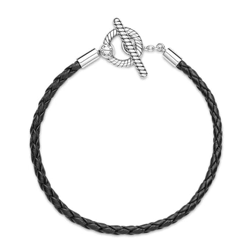 Pandora Moments Braided Leather Bracelet with Sterling Silver T-Bar Closure - Compatible Moments Charms - Charm Bracelet for Women - Gift for Her - Black, 20.5 cm