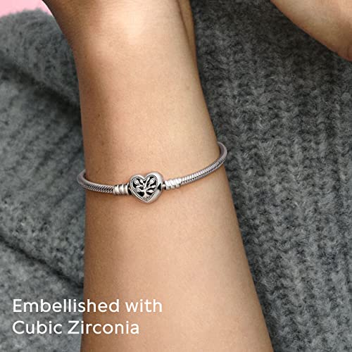 Pandora Moments Family Tree Heart Clasp Snake Chain Bracelet - Compatible Moments Charms - Sterling Silver, CZ & Black Enamel Charm Bracelet - 7.1" - With Gift Box