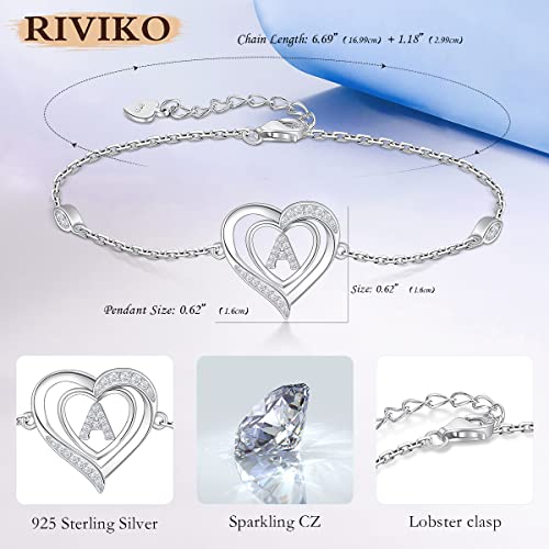 RIVIKO Heart Initial Bracelets for Women, 925 Sterling Silver Dainty Letter Bracelets , Personalized Initial Charm Alphabet Jewelry Valentines Christmas Anniversary Mother’s Day Birthday Graduation