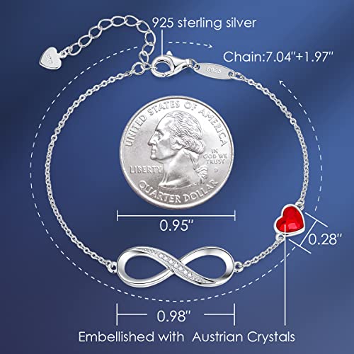 CDE Infinity Heart Symbol Charm Link Bracelet for Women 925 Sterling Silver Stainless Steel Adjustable Mother's Day Gift Anniversary Jewelry Birthday Gifts for Women Wife Girlfriend Her (Sliver-Red, Sterling Silver)