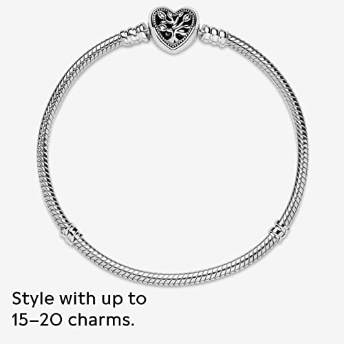 Pandora Moments Family Tree Heart Clasp Snake Chain Bracelet - Compatible Moments Charms - Sterling Silver, CZ & Black Enamel Charm Bracelet - 7.1" - With Gift Box