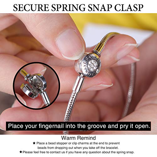 Charm Bracelet Fit Charms 925 Sterling Silver Basic Snake Chain Bracelet for Women Girls, Signature Bracelet with Sparkling Round Clasp Charm Clear CZ FQ00016 (7.5in/19cm (Updated Version))