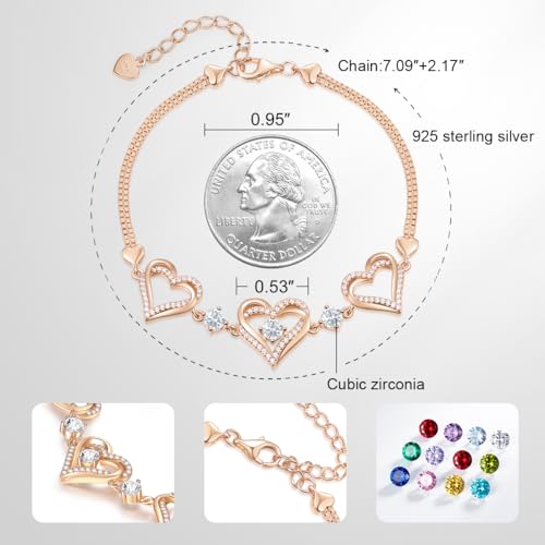 CDE Forever Love Heart Charm Link Bracelet for Women, 925 Sterling Silver Birthstone Bracelet Mother's Day Gift Anniversary Birthday Jewelry Gifts for Women Wife Her Girlfriend