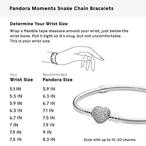 Pandora Moments Sparkling Heart Clasp Snake Chain Bracelet - Compatible Moments Charms - Sterling Silver Charm Bracelet for Women - 7.9" - With Gift Box