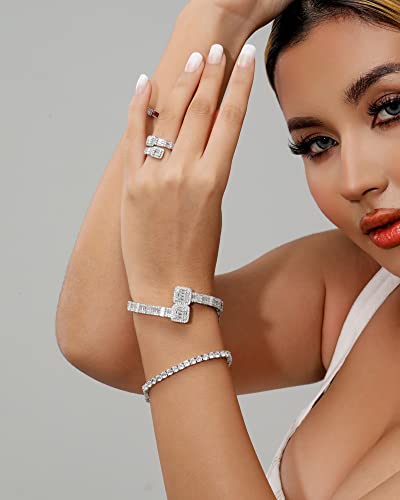 Lulu Mel Iced Out Baguette Diamond Bracelet Jewelry for Women, Hip Hop Mens 14k Gold Silver Plated Cubic Zirconia Bangle Bracelet, Men Heart Cuff Bracelet With Jewelry Box (Silver, 7inch)