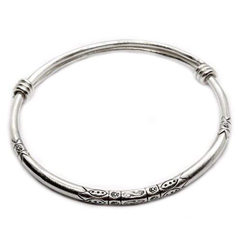 Sterling Silver Thick Solid Handmade Boho Bangle Bracelet, Adjustable to 7" - 8.5",With Symbolic Engravings, Ethnic Tribal Rounded Bracelet Bangle for Women or Men, Gift for Her or Him