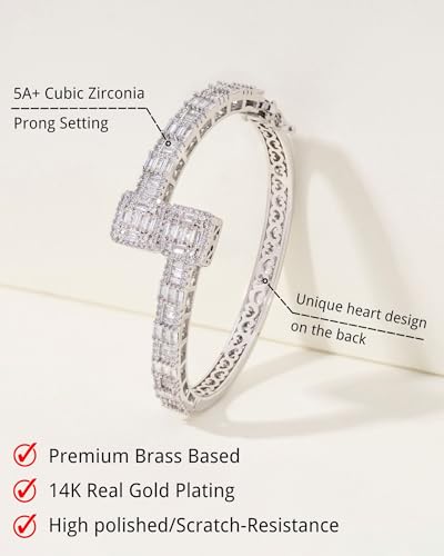 Lulu Mel Iced Out Baguette Diamond Bracelet Jewelry for Women, Hip Hop Mens 14k Gold Silver Plated Cubic Zirconia Bangle Bracelet, Men Heart Cuff Bracelet With Jewelry Box (Silver, 7inch)