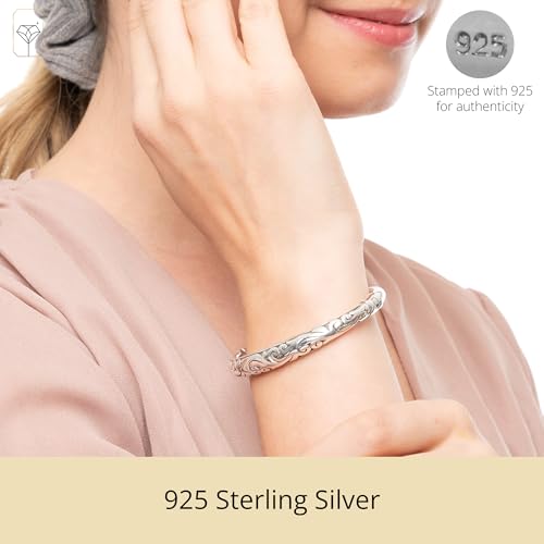 MAX + STONE Lightweight 925 Sterling Silver Bracelet for Women | 7 Inch Filigree Bracelet with Hinged Clasp | Anti-tarnishing Sterling Silver Bangle Bracelet for Women | Silver Bangles for Women