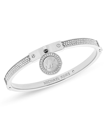 Michael Kors Stainless Steel and Pavé Crystal MK Logo Bangle Bracelet for Women, Color: Silver (Model: MKJ5977040)