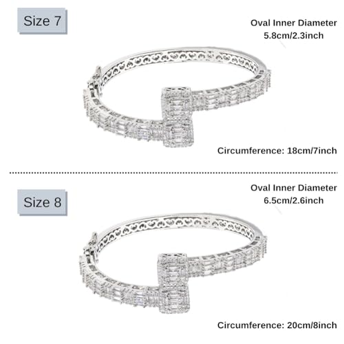 Lulu Mel Iced Out Baguette Diamond Bracelet Jewelry for Women, Hip Hop Mens 14k Gold Silver Plated Cubic Zirconia Bangle Bracelet, Men Heart Cuff Bracelet With Jewelry Box (Silver, 7inch)