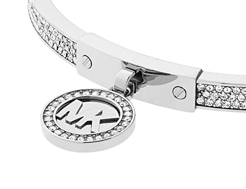 Michael Kors Stainless Steel and Pavé Crystal MK Logo Bangle Bracelet for Women, Color: Silver (Model: MKJ5977040)