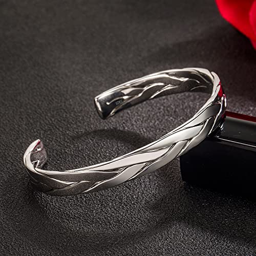 Fashion Men & Women 925 Sterling Silver Bracelet Simple Cuff Bangles Couples Jewelry For Him Her Adjustable Bracelet in a Pretty Gift Box (Width 0.31 inches, Adjustable)