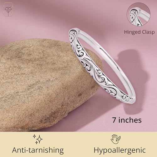 MAX + STONE Lightweight 925 Sterling Silver Bracelet for Women | 7 Inch Filigree Bracelet with Hinged Clasp | Anti-tarnishing Sterling Silver Bangle Bracelet for Women | Silver Bangles for Women