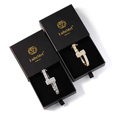 Lulu Mel Iced Out Baguette Diamond Bracelet Jewelry for Women, Hip Hop Mens 14k Gold Silver Plated Cubic Zirconia Bangle Bracelet, Men Heart Cuff Bracelet With Jewelry Box (Silver, 7inch)