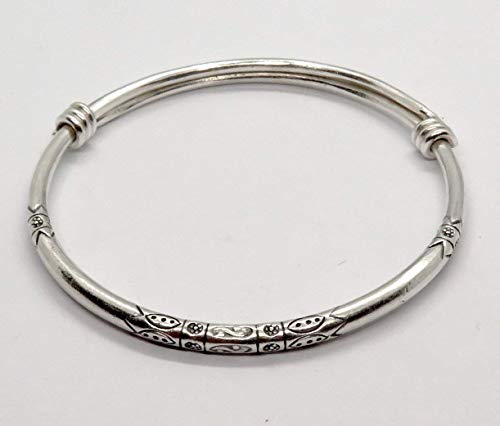 Sterling Silver Thick Solid Handmade Boho Bangle Bracelet, Adjustable to 7" - 8.5",With Symbolic Engravings, Ethnic Tribal Rounded Bracelet Bangle for Women or Men, Gift for Her or Him