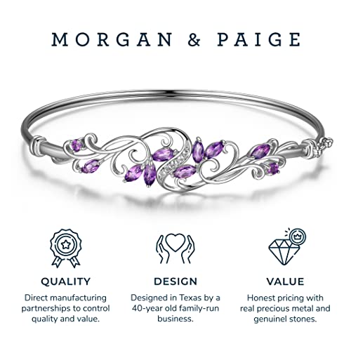 MORGAN & PAIGE Natural African Amethyst & White Topaz Gemstone Women's Bangle Bracelets, 925 Sterling Silver Jewelry