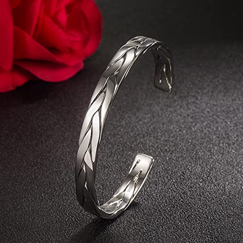 Fashion Men & Women 925 Sterling Silver Bracelet Simple Cuff Bangles Couples Jewelry For Him Her Adjustable Bracelet in a Pretty Gift Box (Width 0.31 inches, Adjustable)