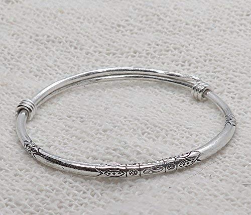 Sterling Silver Thick Solid Handmade Boho Bangle Bracelet, Adjustable to 7" - 8.5",With Symbolic Engravings, Ethnic Tribal Rounded Bracelet Bangle for Women or Men, Gift for Her or Him