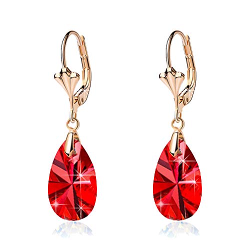 Red Austrian Crystal Teardrop Dangle Earrings 14K Gold