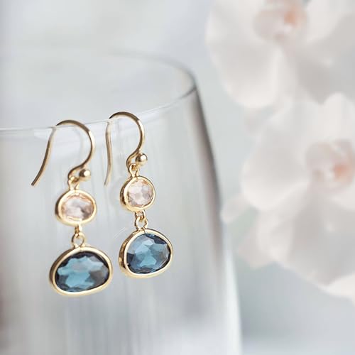 Navy Blue Sapphire & Champagne Topaz Crystal Earrings