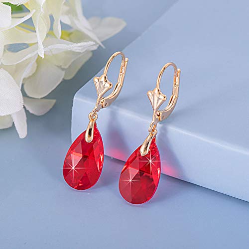 Red Austrian Crystal Teardrop Dangle Earrings 14K Gold