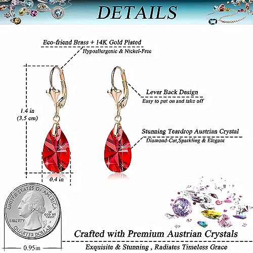 Red Austrian Crystal Teardrop Dangle Earrings 14K Gold