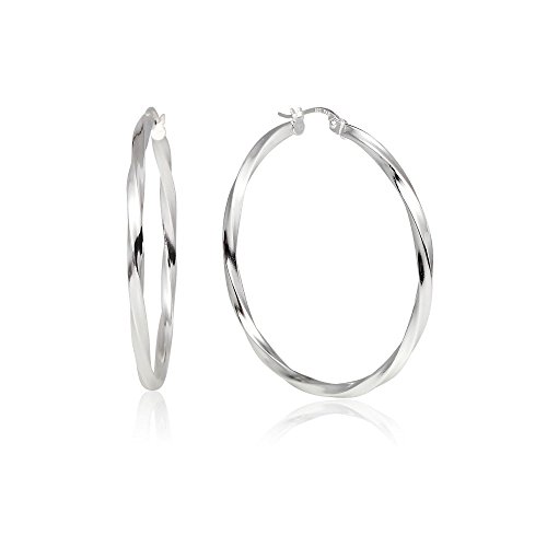 Twisted Round Sterling Silver Hoop Earrings, High Polish